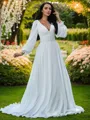A-Line/Princess Chiffon Ruffles V-neck Long Sleeves Sweep Train Wedding Dresses