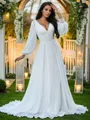 A-Line/Princess Chiffon Ruffles V-neck Long Sleeves Sweep Train Wedding Dresses