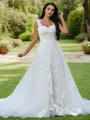 A-Line/Princess Lace Applique Sweetheart Sleeveless Sweep Train Wedding Dresses
