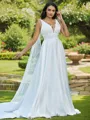 A-Line/Princess Satin Applique V-neck Sleeveless Sweep Train Wedding Dresses
