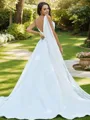 A-Line/Princess Satin Applique V-neck Sleeveless Sweep Train Wedding Dresses