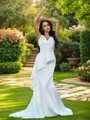 Sheath/Column Satin Ruffles V-neck Sleeveless Sweep Train Wedding Dresses