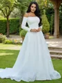 A-Line/Princess Tulle Ruffles Off-the-Shoulder Long Sleeves Sweep Train Wedding Dresses