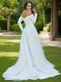 A-Line/Princess Tulle Ruffles Off-the-Shoulder Long Sleeves Sweep Train Wedding Dresses