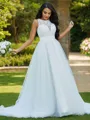 A-Line/Princess Tulle Lace Scoop Sleeveless Sweep Train Wedding Dresses