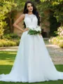 A-Line/Princess Tulle Lace Scoop Sleeveless Sweep Train Wedding Dresses