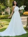 A-Line/Princess Tulle Lace Scoop Sleeveless Sweep Train Wedding Dresses