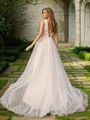 A-Line/Princess Tulle Ruffles V-neck Sleeveless Sweep Train Wedding Dresses