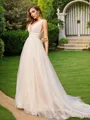 A-Line/Princess Tulle Ruffles V-neck Sleeveless Sweep Train Wedding Dresses