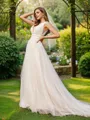 A-Line/Princess Tulle Ruffles V-neck Sleeveless Sweep Train Wedding Dresses