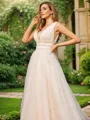 A-Line/Princess Tulle Ruffles V-neck Sleeveless Sweep Train Wedding Dresses
