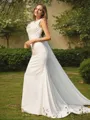 Sheath/Column Satin Ruched Scoop Sleeveless Sweep Train Wedding Dresses