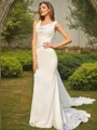 Sheath/Column Satin Ruched Scoop Sleeveless Sweep Train Wedding Dresses