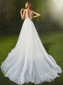 A-Line/Princess Tulle Applique V-neck Sleeveless Sweep Train Wedding Dresses