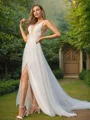 A-Line/Princess Tulle Applique V-neck Sleeveless Sweep Train Wedding Dresses