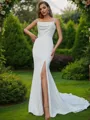 Sheath/Column Charmeuse Ruched Spaghetti Straps Sleeveless Sweep Train Wedding Dresses