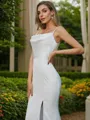 Sheath/Column Charmeuse Ruched Spaghetti Straps Sleeveless Sweep Train Wedding Dresses