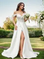 A-Line/Princess Satin Ruched Off-the-Shoulder Sleeveless Sweep Train Wedding Dresses