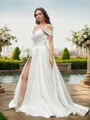 A-Line/Princess Satin Ruched Off-the-Shoulder Sleeveless Sweep Train Wedding Dresses