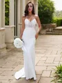 Sheath/Column Stretch Crepe Lace V-neck Sleeveless Sweep Train Wedding Dresses