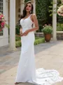 Sheath/Column Stretch Crepe Lace V-neck Sleeveless Sweep Train Wedding Dresses