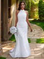 Sheath/Column Stretch Crepe Ruched Halter Sleeveless Sweep Train Wedding Dresses