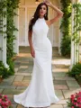 Sheath/Column Stretch Crepe Ruched Halter Sleeveless Sweep Train Wedding Dresses