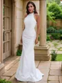 Sheath/Column Stretch Crepe Ruched Halter Sleeveless Sweep Train Wedding Dresses