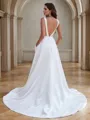 A-Line/Princess Satin Ruffles Scoop Sleeveless Sweep Train Wedding Dresses