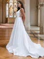 A-Line/Princess Satin Ruffles Scoop Sleeveless Sweep Train Wedding Dresses