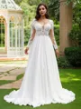 A-Line/Princess Chiffon Applique V-neck Long Sleeves Sweep Train Wedding Dresses