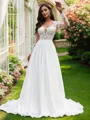 A-Line/Princess Chiffon Applique V-neck Long Sleeves Sweep Train Wedding Dresses