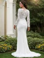Sheath/Column Lace Hand-Made Flower V-neck Long Sleeves Sweep Train Wedding Dresses