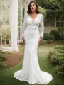 Sheath/Column Lace Hand-Made Flower V-neck Long Sleeves Sweep Train Wedding Dresses