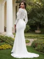 Sheath/Column Lace Hand-Made Flower V-neck Long Sleeves Sweep Train Wedding Dresses