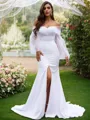 Sheath/Column Stretch Crepe Ruched Off-the-Shoulder Long Sleeves Sweep Train Wedding Dresses