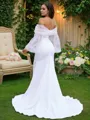 Sheath/Column Stretch Crepe Ruched Off-the-Shoulder Long Sleeves Sweep Train Wedding Dresses