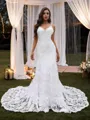 Sheath/Column Lace  V-neck Sleeveless Sweep Train Wedding Dresses