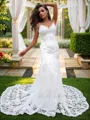Sheath/Column Lace  V-neck Sleeveless Sweep Train Wedding Dresses
