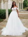A-Line/Princess Lace Applique Off-the-Shoulder Sleeveless Sweep Train Wedding Dresses