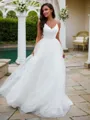 A-Line/Princess Ruffles V-neck Sleeveless Sweep Train Wedding Dresses