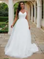 A-Line/Princess Ruffles V-neck Sleeveless Sweep Train Wedding Dresses