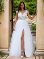 A-Line/Princess Lace Applique Scoop Short Sleeves Sweep Train Wedding Dresses