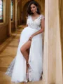 A-Line/Princess Lace Applique Scoop Short Sleeves Sweep Train Wedding Dresses