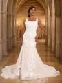 Sheath/Column Lace Applique Straps Sleeveless Sweep Train Wedding Dresses