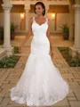 Trumpet/Mermaid Lace Applique V-neck Sleeveless Sweep Train Wedding Dresses