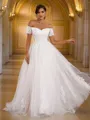 A-Line/Princess Lace Applique Off-the-Shoulder Short Sleeves Sweep Train Wedding Dresses