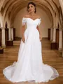 A-Line/Princess Tulle Ruched Off-the-Shoulder Sleeveless Sweep Train Wedding Dresses
