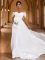A-Line/Princess Tulle Ruched Off-the-Shoulder Sleeveless Sweep Train Wedding Dresses
