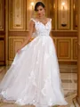 A-Line/Princess Lace Applique V-neck Sleeveless Sweep Train Wedding Dresses